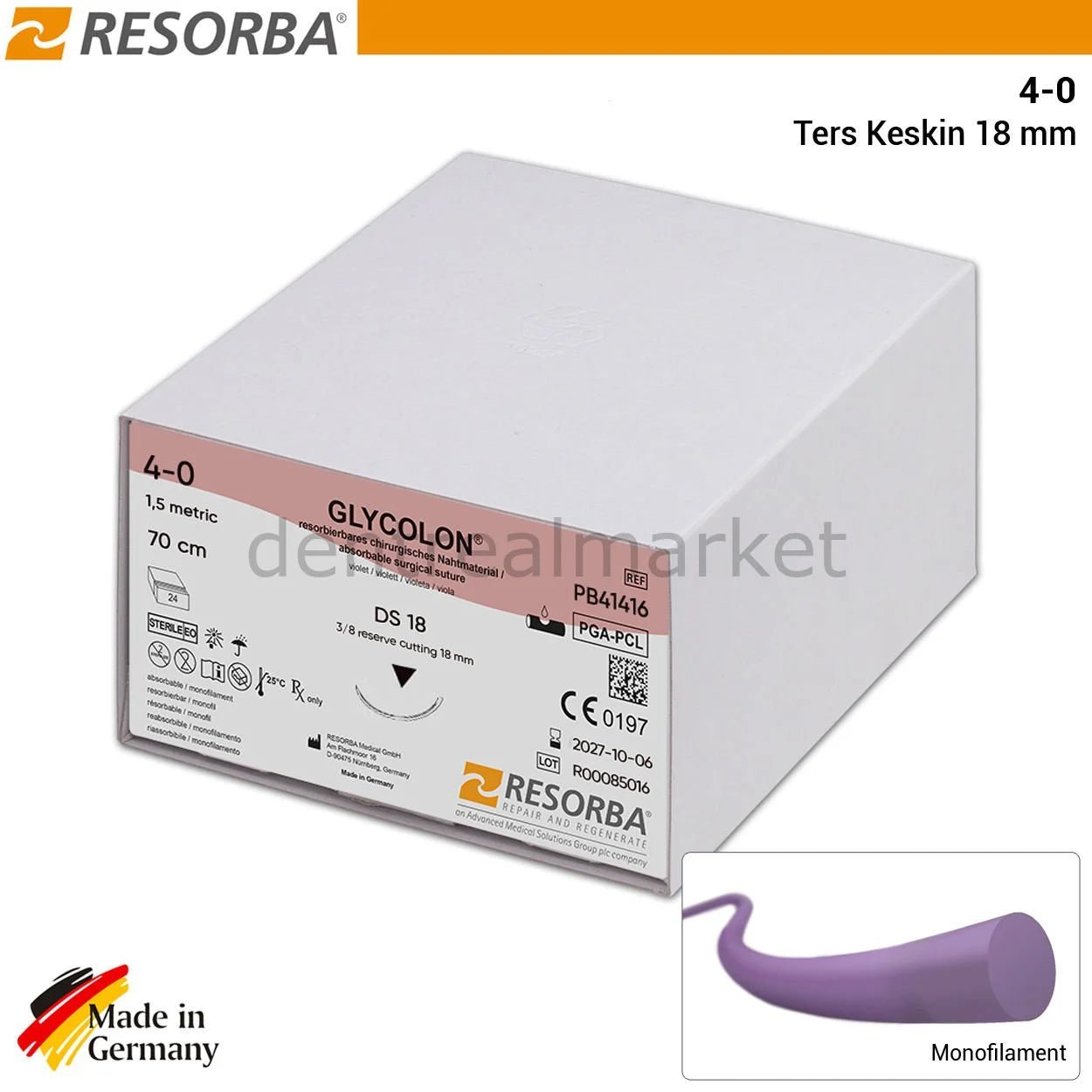 Resorba - Resorba Glycolon Absorbable Monoflament Suture 4/0 - Reverse Cutting Needle